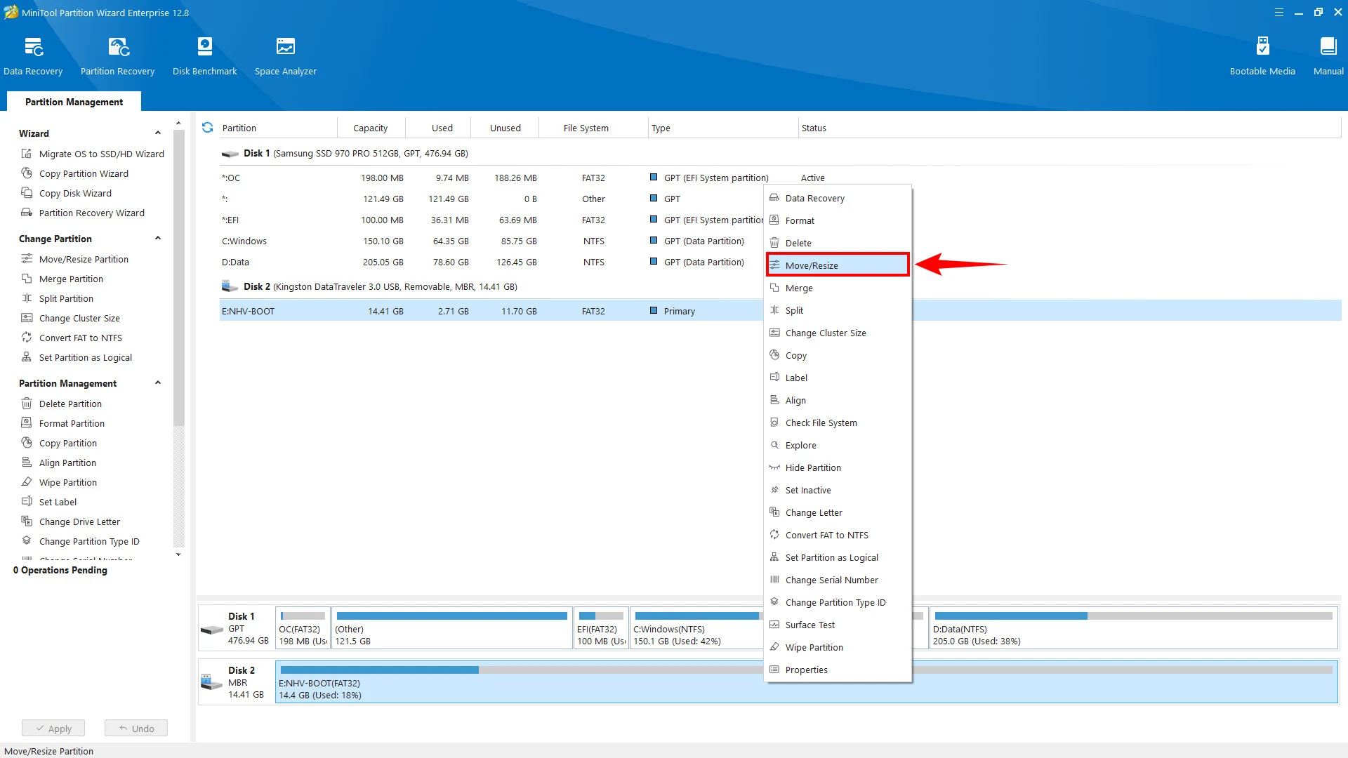 Partition Wizard - Chọn Move/Resize trên phân vùng USB