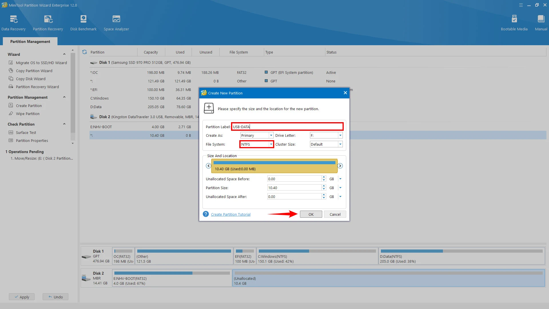 Tạo phân vùng USB-DATA NTFS trong Partition Wizard