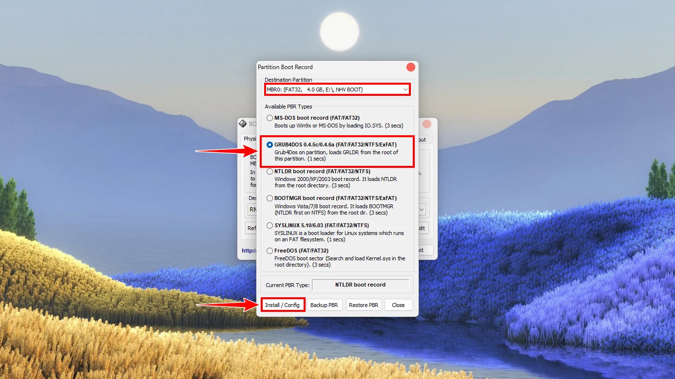 BOOTICE - Cấu hình PBR với GRUB4DOS Install/Config